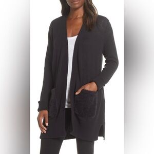 UGG Black Open Front Cardigan with Faux Fur Pockets | Size XS